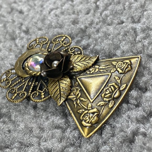 Angel Pin Brooch Marked KC Vintage Gold Tone Halo Rose Flower Guardian Christian - Picture 4 of 13